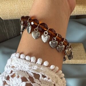 Amber Bead Stretch Bracelet with Silver Heart Charms